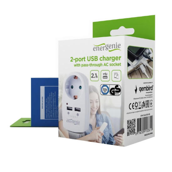 Gembird EG-ACU2-02 2-portni USB punjac sa prolaznom AC utičnicom, 2,1 A, bela