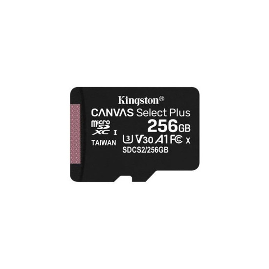 Kingston SDCS2/256GB MicroSD 256GB, Canvas Select Plus, Class 10 UHS-I U3 V30 A1, Read up to 100MB/s, Write up to 85MB/s, w/SD adapter