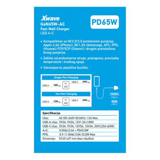 Xwave GaN65w-AC GaN 65W USB-A + USB-C, ultra-brzi punjač za mobilne, tablete, crni