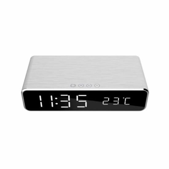 Gembird DAC-WPC-01-S  digitalni sat + alarm sa bežičnim punjenjem telefona, Silver