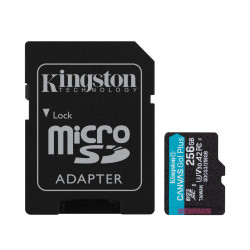 Kingston SDCG3/256GB MicroSD 256GB, Canvas Go! Plus, Class10 UHS-I U3 V30 A2, Read up to 170MB/s, Write up to 90MB/s, for 4K and FullHD video recording, w/SD adapter