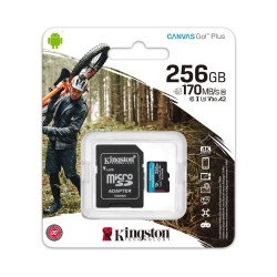 Kingston SDCG3/256GB MicroSD 256GB, Canvas Go! Plus, Class10 UHS-I U3 V30 A2, Read up to 170MB/s, Write up to 90MB/s, for 4K and FullHD video recording, w/SD adapter